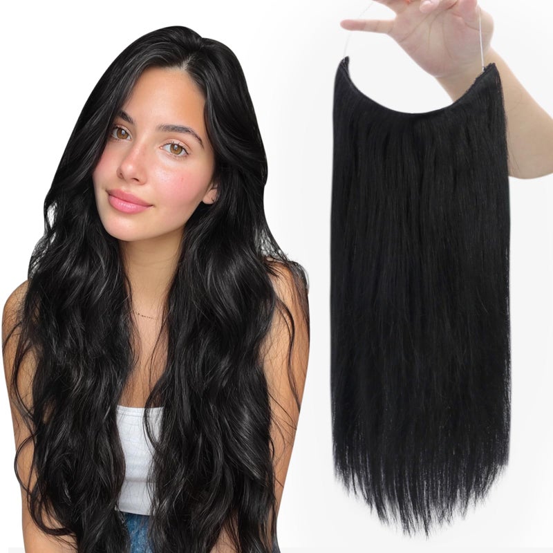 Fshine Invisible Wire Hair Extensions Real Human Hair Jet Black Fish Line Extensions Straight Wire Remy Hair 16 Inch One Piece Clip in Hidden Wire Hairpiece for Women 80G